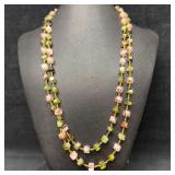 Green and Pink Glass Bead Square Beaded Long Neckl