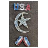 Vintage Red Clear Blue Rhinestone USA Moon And Sta