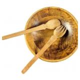Vintage Wooden Serving Salad Bowl W Salad Servers