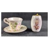Tiny Teacup and Saucer and Porcelain Fan Pull