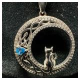 Celtic Crescent Moon Cat 925 Sterling Silver Clear