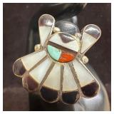 Zuni Style Sunface Silver Ring MOP Coral Turquoise
