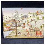 Folk Art Country Village Scene on Canvas