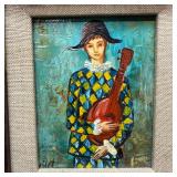 Framed Oil Painting of harlequin Musician Holding