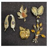 Vintage Coro And Unmarked Brooch Pins And Leaf Cli