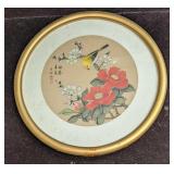 Vintage Framed Round Watercolor On Silk Bird & Flo