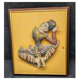 Framed Antique Thai Folk Art Polychrome Wood Dance