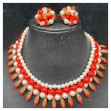 Faux Pearl Red Fan Motif Style Necklace and Earrin