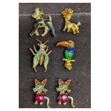 6 Gold Tone Rhinestone Cute Animals And Bug Brooch