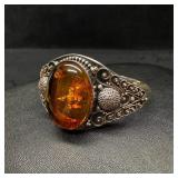 Amber Cabochon Ornate Sterling Cuff Bracelet