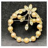 Vendome Silver Tone Brooch With Rhinestones and Fa