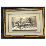 Framed Metal Silver Plate Horses Relief Sculpture