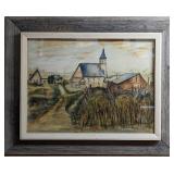 Vintage Framed Original Watercolor Church & Villag