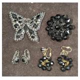 Vintage Unsigned Black Rhinestone And Glass Beaded