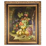 Large Framed Oil On Canvas Fruit And Veggies J