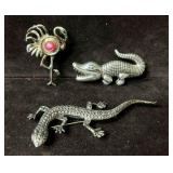 Silver Tone Alligator Lizard And Flamingo Brooch B