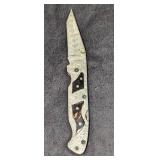 Damascus Steel Fold Up Black Bone Handle Knife Ret