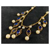 Vintage 14K Gold Sapphire & Pearl Chandelier Neckl