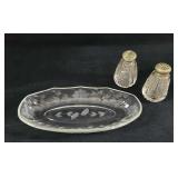 Vintage Glass Tray And Salt And Pepper Shaker