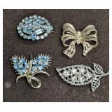 4 Vintage Silvertone Rhinestone Pin Brooches