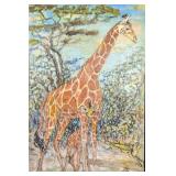 Original Acrylic On Canvas Giraffe Mother And Baby
