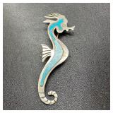 Sterling Seahorse Brooch Turquoise Inlay