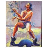 Original Large Oil On Canvas Dancing Man With Bird