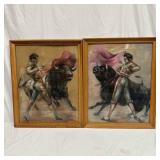 Matador and Bullfighter Pastel Drawing Set Framed