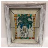 Vintage Art Nouveau Stained Glass in Frame