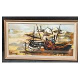 Vintage Framed Jean Amiot Fishing Boats In Harbor