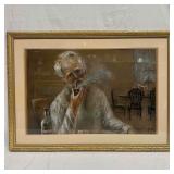 Pastel Drawing of an Old Man Smoking a Pipe Framed