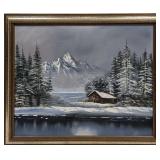 Framed Original Winter Cabin Scene Signed By D Tel
