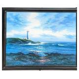 JB Large Original Oil On Canvas Lighthouse Ocean S