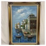 Large Venetian Canal Oil Painting Gondolas and Fig
