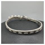 14k White Gold Diamond & Pearl Hinged Bangle