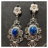 .800 Silver Deco Style Blue Cabochon Earrings