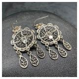 .800 Silver Flower Filigree Dangle Earrings