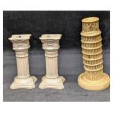 3 Vintage Roman Pillar And Leaning Tower Candlesti