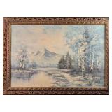 Vintage Winter Mountains Scene Original Oil On Can
