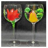 2 Tall Stem Hand Painted Fruit Flowers Wine Glasse