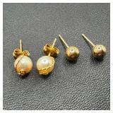 Two Pairs of 14k Gold Stud Earrings, One Pearl