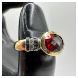 Faceted Red Garnet Accent Diamond 14K Yellow Gold