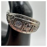 14K White Gold Art Nouveau Style Three Diamond Rin