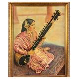 Vintage Framed Embellished Print Woman Playing Sit