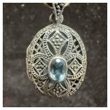 FAS 925 Marcasite Blue Topaz Locket Pendant G64