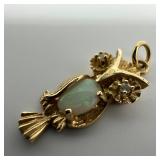 14K Gold Owl Oval Opal and Accent Diamond Pendant