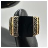 14K Gold Square Black Onyx Accent Diamond Ring X5