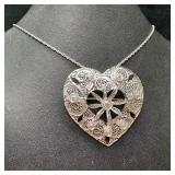 Sterling Filigree Heart Pendant/Brooch Necklace