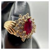 14K Gold Marquise Cut Lab Ruby and Halo Style of A