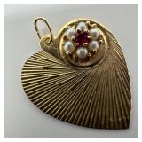 14K Gold Heart Pendant Ruby and Pearl Setting W81